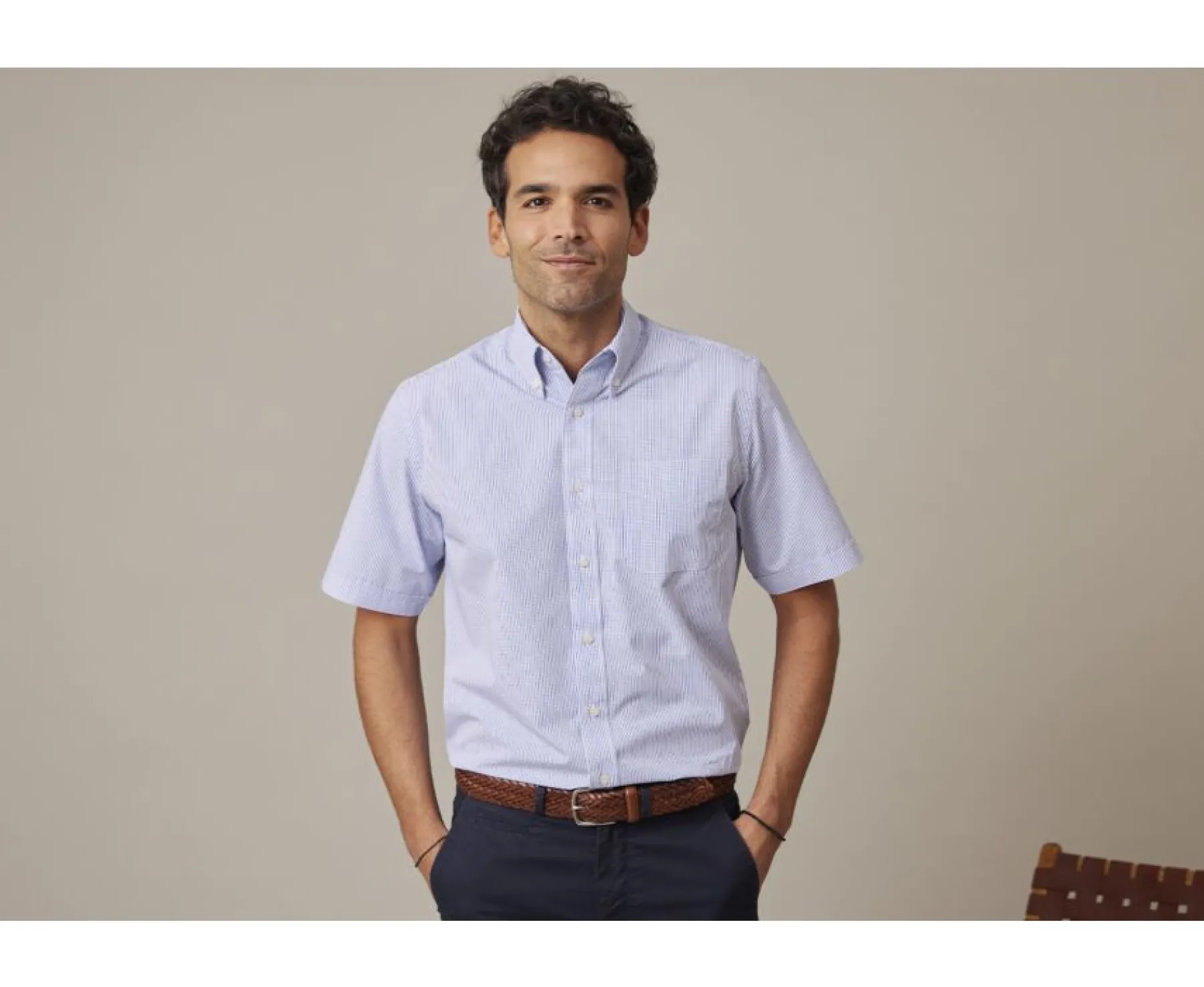 Shirts Bexley | White Cotton Shirt With Thin Blue Ocean Checks Tim Mc Blue Ocean And White